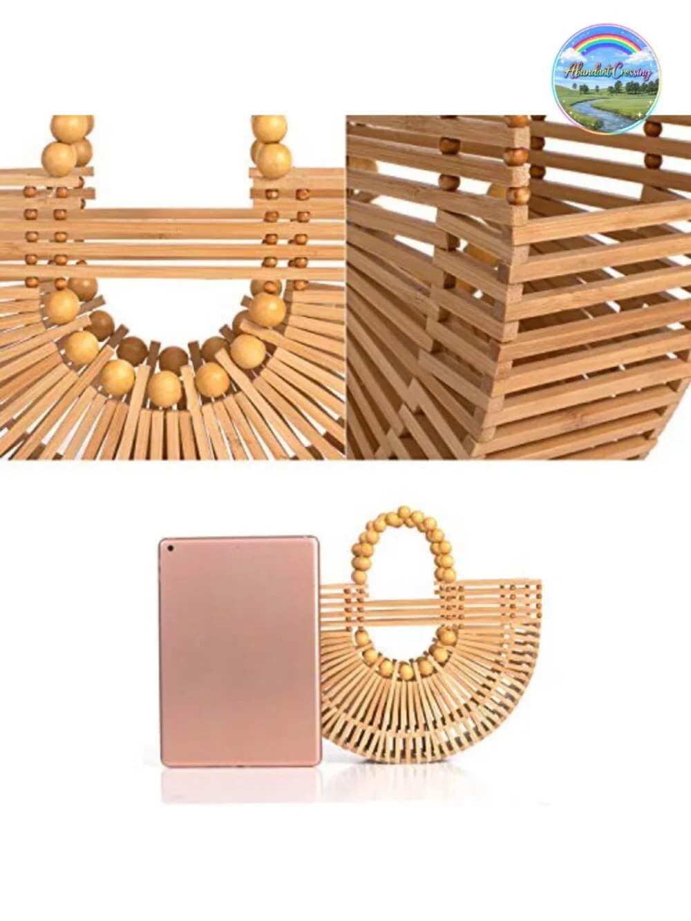 Handmade Bamboo Tote Bag with Wooden Beads Summer Beach Straw Bag